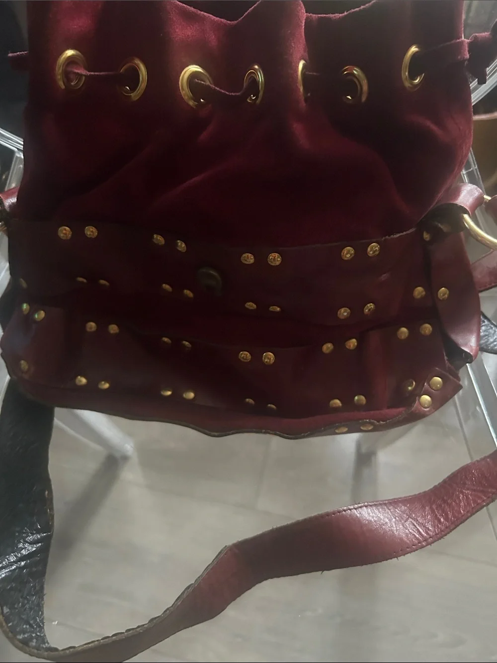 Etienne Aigner Burgundy suede and Leather Drawstring Hobo with Gold Studs